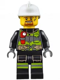 LEGO Fire - Reflective Stripes with Utility Belt and Flashlight, White Fire Helmet, Dark Orange Moustache and Goatee, Soot Marks minifigure