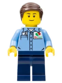 LEGO Medium Blue Uniform Shirt with Pocket and Octan Logo, Dark Blue Legs, Dark Brown Smooth Hair minifigure