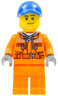 LEGO Tow Truck Driver - Male, Orange Safety Jacket, Reflective Stripe, Sand Blue Hoodie, Orange Legs, Blue Cap with Hole, Stubble minifigure