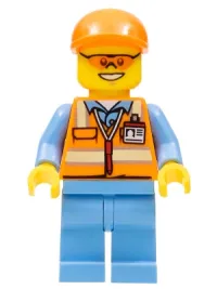 LEGO Orange Safety Vest with Reflective Stripes, Medium Blue Legs, Orange Short Bill Cap, Orange Sunglasses minifigure