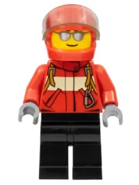 LEGO City Pilot Male, Red Fire Suit with Carabiner, Black Legs, Red Helmet, Silver Sunglasses minifigure
