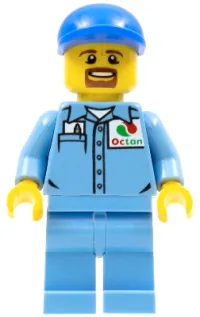 LEGO Medium Blue Uniform Shirt with Pocket and Octan Logo, Medium Blue Legs, Blue Short Bill Cap, Goatee minifigure