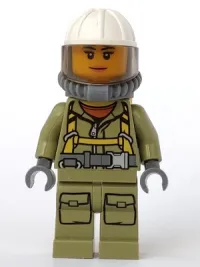 LEGO Volcano Explorer - Female Worker, Suit with Harness, Construction Helmet, Breathing Neck Gear with Air Tanks, Trans-Black Visor minifigure