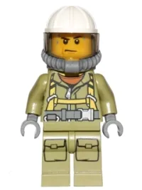 LEGO Volcano Explorer - Male Worker, Suit with Harness, Construction Helmet, Breathing Neck Gear with Yellow Air Tanks, Trans-Black Visor, Sweat Drops minifigure