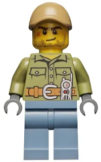 LEGO Volcano Explorer - Male, Shirt with Belt and Radio, Dark Tan Cap with Hole, Crooked Smile and Scar minifigure