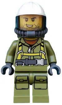 LEGO Volcano Explorer - Male Worker, Suit with Harness, Construction Helmet, Breathing Neck Gear with Yellow Air Tanks, Trans-Black Visor, Stubble minifigure