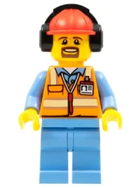 LEGO Orange Safety Vest with Reflective Stripes, Medium Blue Legs, Red Construction Helmet with Headset minifigure