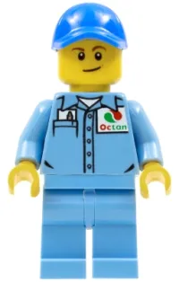 LEGO Medium Blue Uniform Shirt with Pocket and Octan Logo, Medium Blue Legs, Blue Cap with Hole, Lopsided Smile minifigure