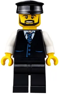 LEGO Limousine Driver - Black Vest with Blue Striped Tie, Black Legs, Black Hat, Black Beard minifigure
