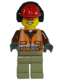 LEGO Construction Worker - Male, Orange Safety Vest, Reflective Stripes, Reddish Brown Shirt, Dark Tan Legs, Red Construction Helmet with Black Headphones, Orange Safety Glasses minifigure