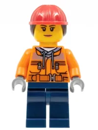 LEGO Construction Worker - Female, Orange Safety Jacket, Reflective Stripe, Sand Blue Hoodie, Dark Blue Legs, Red Construction Helmet with Dark Brown Hair, Peach Lips minifigure
