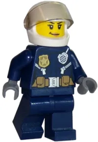 LEGO Police - City Leather Jacket with Gold Badge and Utility Belt, White Helmet, Trans-Black Visor, Peach Lips Smirk minifigure