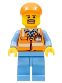 LEGO Orange Safety Vest with Reflective Stripes, Medium Blue Legs, Orange Short Bill Cap, Goatee minifigure