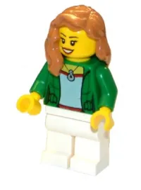 LEGO Green Female Jacket Open with Necklace, White Legs, Medium Nougat Female Hair over Shoulder, Open Smile minifigure