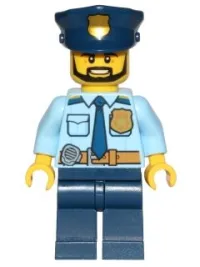 LEGO Police - City Shirt with Dark Blue Tie and Gold Badge, Dark Tan Belt with Radio, Dark Blue Legs, Police Hat with Gold Badge, Head Beard Black Angular minifigure