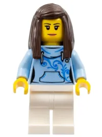 LEGO Pizza Van Customer Female, Bright Light Blue Hoodie with Swirl Flower Pattern, Dark Brown Hair minifigure