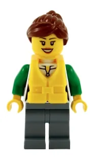 LEGO Angler Female, Sand Blue Legs, Reddish Brown Hair, Peach Lips, Life Jacket Center Buckle minifigure