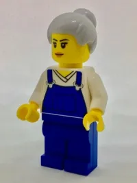 LEGO Farm Hand, Female, Overalls Blue over V-Neck Shirt, Light Bluish Gray Hair with Top Knot Bun minifigure