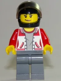 LEGO ATV Driver - Female, Jacket with Number 8 on Back, Dark Bluish Gray Legs, Black Helmet minifigure
