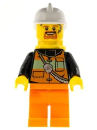 LEGO Fire - Reflective Stripe Vest with Pockets and Shoulder Strap, Orange Pants, White Fire Helmet, Yellow Air Tanks, Dark Orange Goatee minifigure