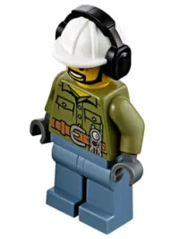 LEGO Volcano Explorer - Male, Shirt with Belt and Radio, Black Angular Beard, White Construction Helmet with Black Ear Protector / Headphones minifigure