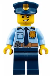 LEGO Police - City Shirt with Dark Blue Tie and Gold Badge, Dark Tan Belt with Radio, Dark Blue Legs, Police Hat with Gold Badge, Lopsided Grin minifigure
