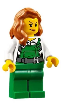 LEGO Police - City Bandit Female with Green Overalls, Dark Orange Female Hair over Shoulder, Peach Lips Smirk minifigure