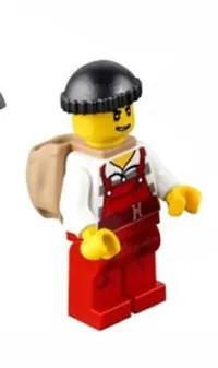 LEGO Police - City Bandit Male with Red Overalls, Black Knit Cap, Backpack, Lopsided Open Smile minifigure