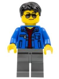 LEGO Blue Jacket over Dark Red V-Neck Sweater, Dark Bluish Gray Legs, Black Short Tousled Hair, Silver Sunglasses minifigure
