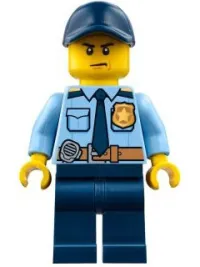 LEGO Police - City Shirt with Dark Blue Tie and Gold Badge, Dark Tan Belt with Radio, Dark Blue Legs, Dark Blue Cap with Hole minifigure