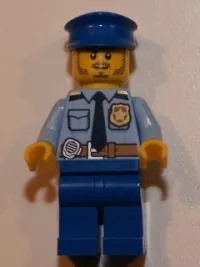 LEGO Police - City Shirt with Dark Blue Tie and Gold Badge, Dark Tan Belt with Radio, Blue Legs, Blue Police Hat, Black Stubble and Raised Right Eyebrow minifigure