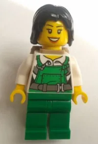 LEGO Police - City Bandit Female with Green Overalls, Black Mid-Length Tousled Hair, Backpack, Peach Lips Open Mouth Smile minifigure