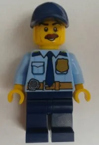 LEGO Police - City Shirt with Dark Blue Tie and Gold Badge, Dark Tan Belt with Radio, Dark Blue Legs, Dark Blue Cap with Hole, Brown Bushy Moustache minifigure
