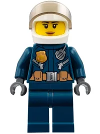 LEGO Police - City Helicopter Pilot Female, Leather Jacket with Gold Badge and Utility Belt, Dark Blue Legs, White Helmet, Peach Lips Slight Smile minifigure