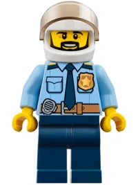 LEGO Police - City Officer Shirt with Dark Blue Tie and Gold Badge, Dark Tan Belt with Radio, Dark Blue Legs, White Helmet, Black Beard minifigure