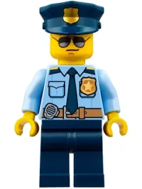 LEGO Police - City Officer Shirt with Dark Blue Tie and Gold Badge, Dark Tan Belt with Radio, Dark Blue Legs, Police Hat with Gold Badge, Sunglasses minifigure