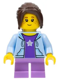 LEGO City Bus Passenger - Bright Light Blue Hoodie, Medium Lavender Short Legs, Dark Brown Hair Ponytail Long with Side Bangs, Freckles minifigure
