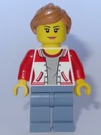 LEGO City Bus Passenger - Female Jacket Open with Number '8' on Back, Sand Blue Legs, Medium Nougat Hair Ponytail, Peach Lips minifigure