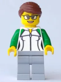 LEGO City Newsstand Worker - Female Outline Sweatshirt with Zipper, Light Bluish Gray Legs, Reddish Brown Hair with Bun, Glasses minifigure
