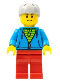 LEGO City Bus Passenger - Dark Azure Hoodie with Green Striped Shirt, Red Legs, Light Bluish Gray Sports Helmet minifigure