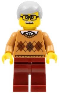 LEGO City Newsstand Visitor - Medium Nougat Argyle Sweater, Dark Red Legs, Light Bluish Gray Hair minifigure