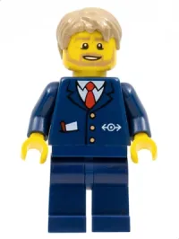 LEGO City Bus Driver - Dark Blue Suit with Train Logo, Dark Tan Short Tousled Hair, Beard minifigure