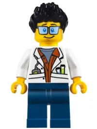 LEGO City Jungle Scientist - White Lab Coat with Test Tubes, Dark Blue Legs, Black Ruffled Hair minifigure