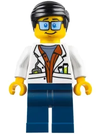 LEGO City Jungle Scientist - White Lab Coat with Test Tubes, Dark Blue Legs, Black Smooth Hair minifigure