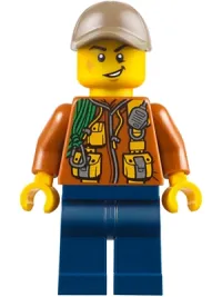 LEGO City Jungle Explorer - Dark Orange Jacket with Pouches, Dark Blue Legs, Dark Tan Cap with Hole, Cheek Scuff minifigure