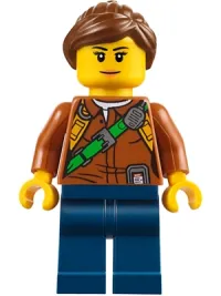 LEGO City Jungle Explorer Female - Dark Orange Shirt with Green Strap, Dark Blue Legs, Reddish Brown Ponytail and Swept Sideways Fringe minifigure