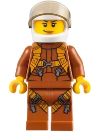 LEGO City Jungle Helicopter Pilot Female - Dark Orange Jumpsuit, Dark Orange Legs with Straps, White Helmet, Trans-Black Visor, Peach Lips minifigure