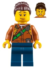 LEGO City Jungle Explorer Female - Dark Orange Shirt with Green Strap, Dark Blue Legs, Dark Brown Hair Female Large High Bun minifigure