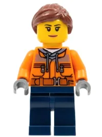 LEGO Cargo Center Worker - Female, Orange Safety Jacket, Reflective Stripe, Sand Blue Hoodie, Dark Blue Legs, Reddish Brown Hair, Peach Lips minifigure