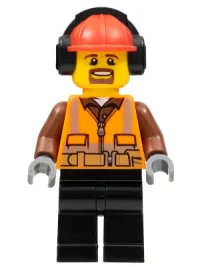 LEGO Cargo Center Worker - Male, Orange Safety Vest, Reflective Stripes, Reddish Brown Shirt, Black Legs, Red Construction Helmet with Black Headphones, Goatee minifigure